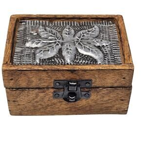 Wood Trinket Box Floral Tin Top Inlay Hand Made Hinged Lid Metal Latch Unlined